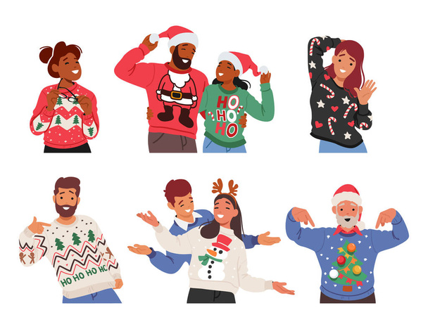 Радостные персонажи, наряженные в праздничные, яркие рождественские свитера, яркие юмористические позы, излучающие праздничное веселье. Смех и веселье изобилуют в их безвкусном наряде. Вектор карикатурных людей - Вектор,изображение