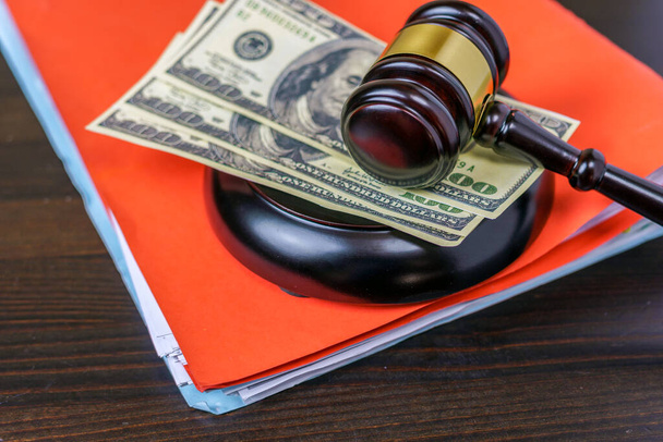Judges Or Auctioneer Gavel On The Dollar Cash Background, Top View, Close-Up. Concept For Corruption, Bankruptcy, Bail, Crime, Bribing, Fraud, Auction Bidding, Fines - Photo, Image