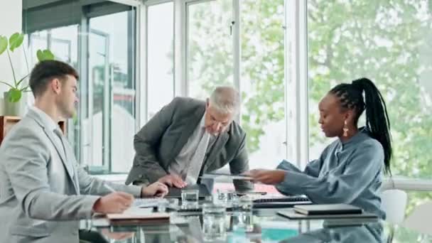 Coaching, collaboration and arrive with a business man in the boardroom as a manager of a team for training. Teamwork, meeting or management with a senior CEO and an employee group in the office. - Footage, Video