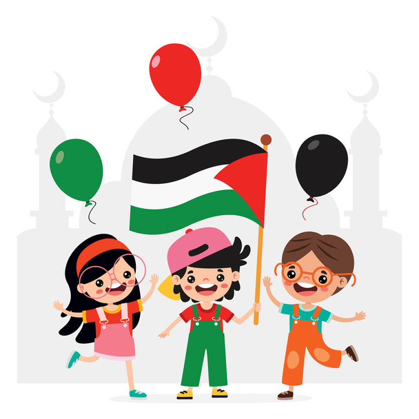 Niños de dibujos animados con bandera de Palestina - Vector, Imagen