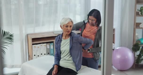 Old woman, back pain or physiotherapy for senior patient with help in physical therapy rehabilitation. Elderly patient, chiropractor or physiotherapist massaging spine or muscle injury for healing. - Footage, Video