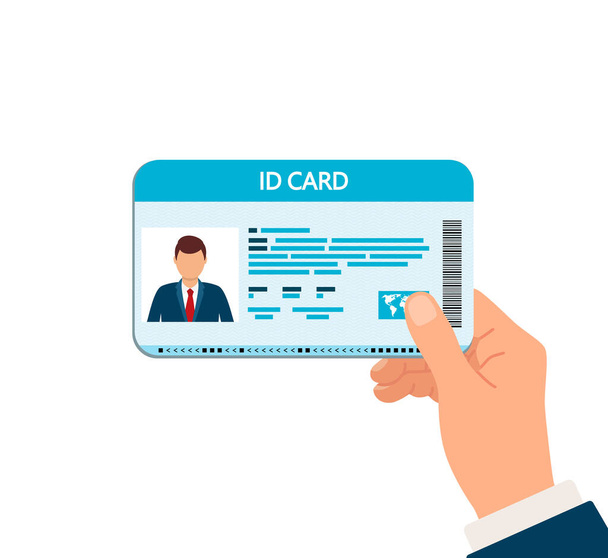 Ruka drží identifikační kartu. Osobní identita s fotkou obchodníka. Muž ukáže identifikační kartu. vektor - Vektor, obrázek