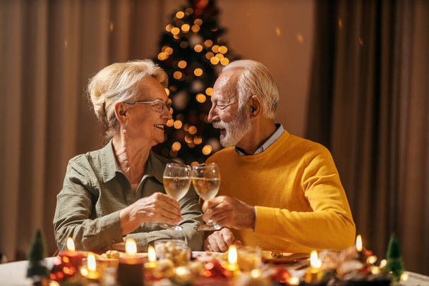 Egy szeretetteljes idős pár borral koccint, és otthon ünnepli a karácsonyt és az új évet.. - Fotó, kép