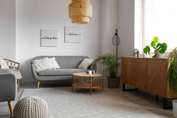 Sisätilojen valo olohuone harmaa sohva, puinen kaappi ja nojatuolit - Valokuva, kuva