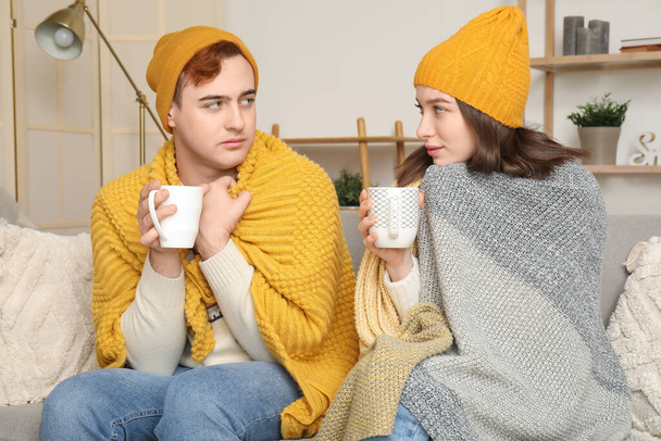 Frozen young couple drinking hot tea at home on winter day - Photo, Image