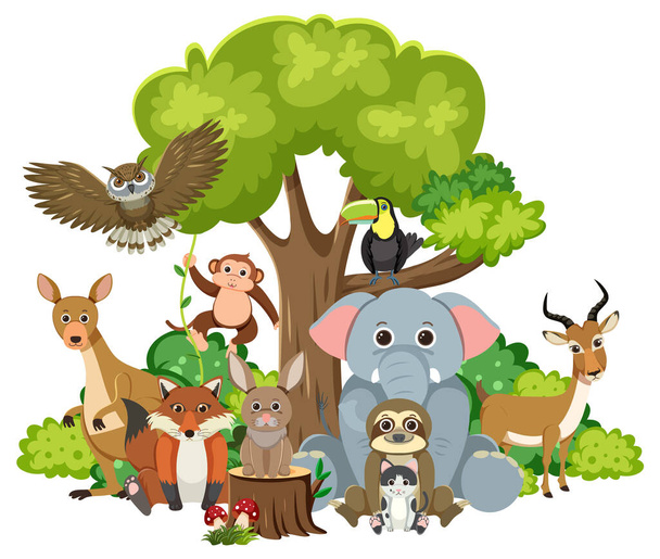 Una moltitudine di animali selvatici che vivono armoniosamente sotto un albero - Vettoriali, immagini