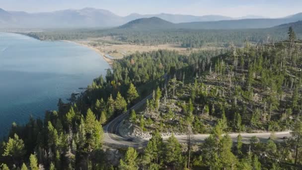 Mountain forest lake Tahoe landscape car driving by forest hill. Aerial view cars driving through pine forest along lake shore in golden sunshine. Driving by beautiful mountain road. Road trip concept - Footage, Video