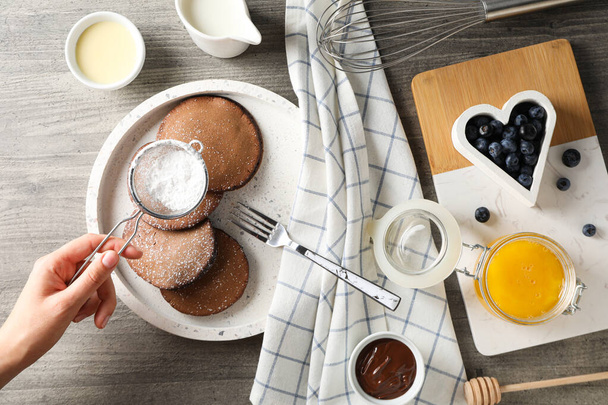 Panquecas de chocolate, saboroso café da manhã, conceito de comida deliciosa - Foto, Imagem
