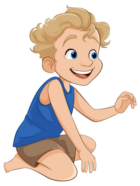 Un allegro giovane ragazzo seduto, raffigurato in un vivace stile cartone animato vettoriale - Vettoriali, immagini