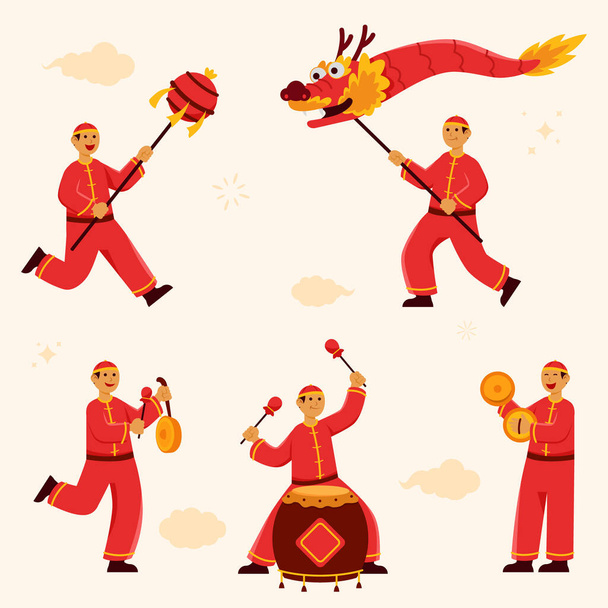 Youth person performing dragon dance on chinese new year. - Vector, Image