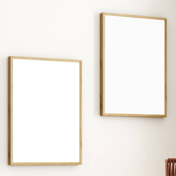 marcos de imagen vacíos maqueta en la pared blanca. 3 d render - Foto, imagen