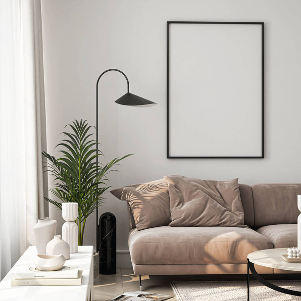 Rámcový model, velikost papíru ISO A. Plakát na stěně obývacího pokoje. Interiér s domem na pozadí. Moderní design interiéru. 3D vykreslení - Fotografie, Obrázek