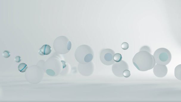 Fondo 3d abstracción de un grupo de capas de vidrio y plástico. Mockup sobre el tema de la investigación de partículas, vista macro con bokeh en las bolas, y con vidrio transparente. renderizado 3d - Foto, Imagen