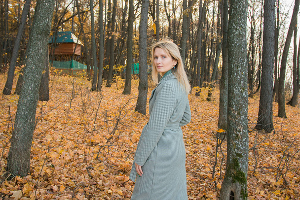 Vaalea nainen tyylikkäässä harmaassa takissa kävelee aurinkoisessa syyskauden puistossa. Generation z ja gen z nuorten käsite - Valokuva, kuva