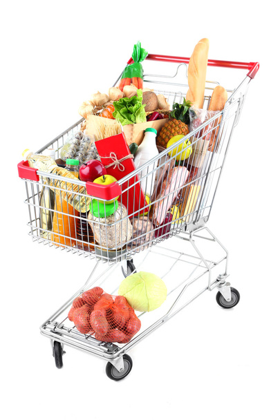 Shopping cart full with various groceries isolated on white  - Fotoğraf, Görsel