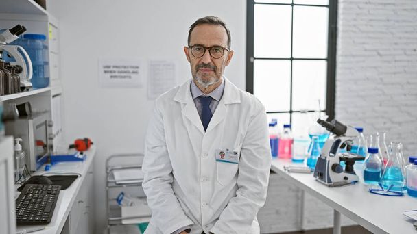 Σοβαρό πρόσωπο, μεσήλικας επιστήμονας με γκρίζα μαλλιά, κάθεται ανάμεσα στο θόρυβο του εργαστηρίου του, βυθισμένος σε πρωτοποριακή ιατρική έρευνα - Φωτογραφία, εικόνα