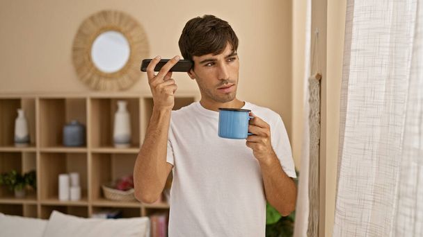 Handsome young hispanic man relaxing in morning pyjamas, deeply engrossed in listening to a distinct voice message on his smartphone, while savoring a steaming cup of coffee at home. - Photo, Image