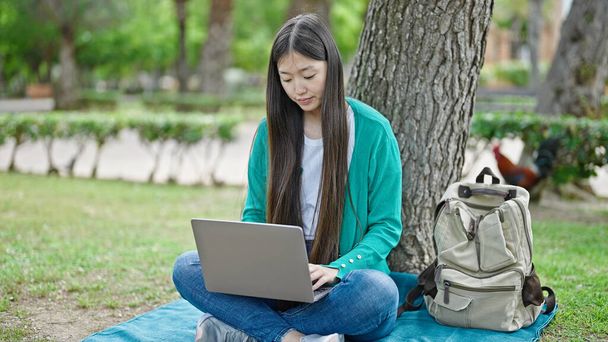 Joven mujer china usando portátil sentado en el suelo en el parque - Foto, imagen