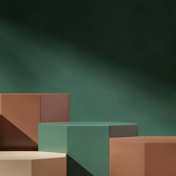 maquette vierge hexagone vert marron podium en carré de couleur sombre, rendu 3d - Photo, image