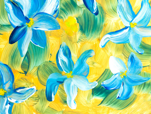 Fleurs bleues abstraites sur jaune et vert, dessin original à la main, style impressionnisme, texture de couleur, coups de pinceau de peinture, fond d'art. L'art moderne. Art contemporain. - Photo, image