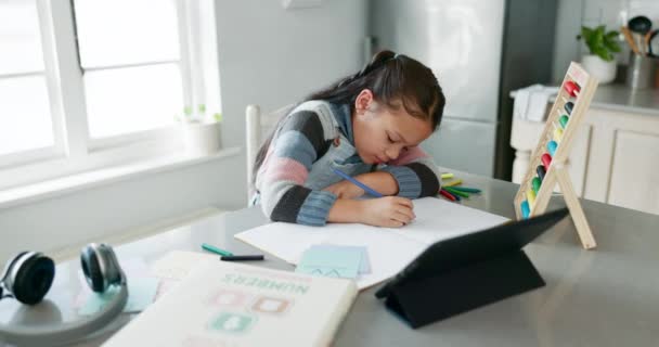 Home school, sleep and tired child with tablet, notebook and fatigue in learning, education and exam. Elearning, studying and exhausted girl with homework sleeping in kitchen for online class project. - Footage, Video