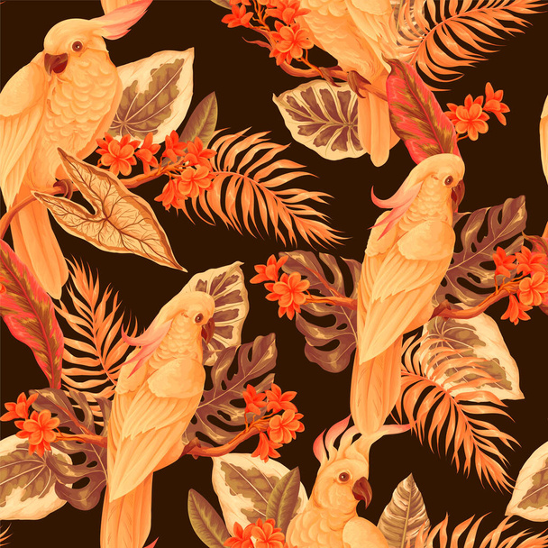 Απρόσκοπτη μοτίβο με παπαγάλο, τροπικά φύλλα και λουλούδια. Διάνυσμα. - Διάνυσμα, εικόνα