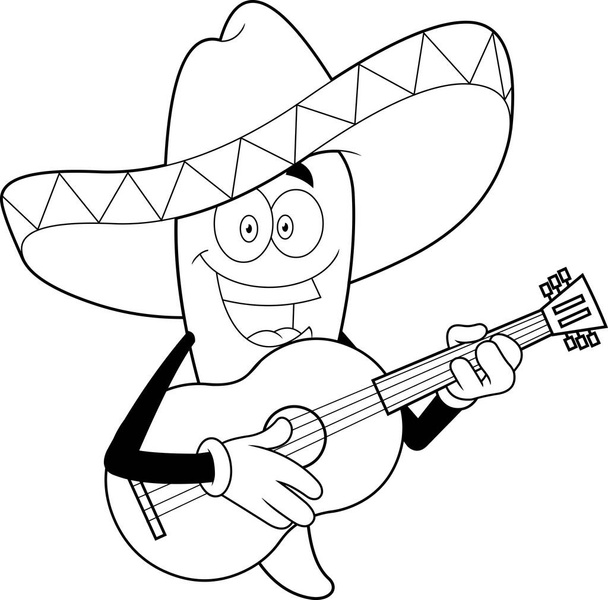 Окреслений мексиканський Hot Chili Pepper Cartoon Character Singing with A Guitar. Векторна рука намальована ілюстрація ізольована на прозорому тлі - Вектор, зображення