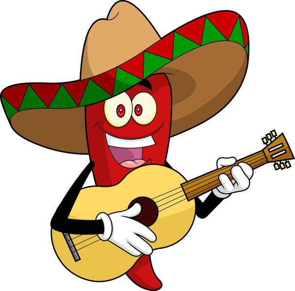 Messicano Hot Chili Pepper personaggio dei cartoni animati Cantando con una chitarra. Illustrazione disegnata a mano vettoriale isolata su sfondo trasparente - Vettoriali, immagini