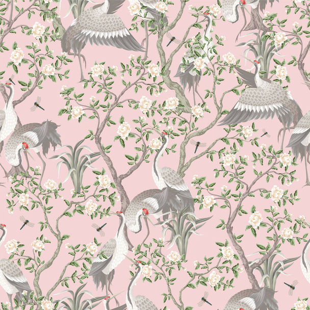 Chinoiserie seamless pattern with peonies trees and dancing crenies. Вектор - Вектор,изображение