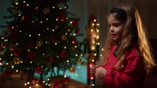 Kleines Mädchen lächelt unter dem Weihnachtsbaum .  - Filmmaterial, Video