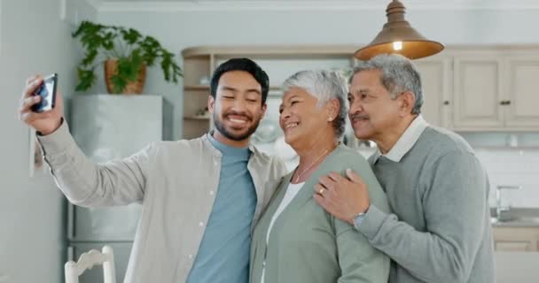 Home selfie, man or senior parents smile, love and enjoy quality time together, bonding and pose for memory photo. Happy Mexican people, family face or elderly mom, dad and son post to social network. - Footage, Video