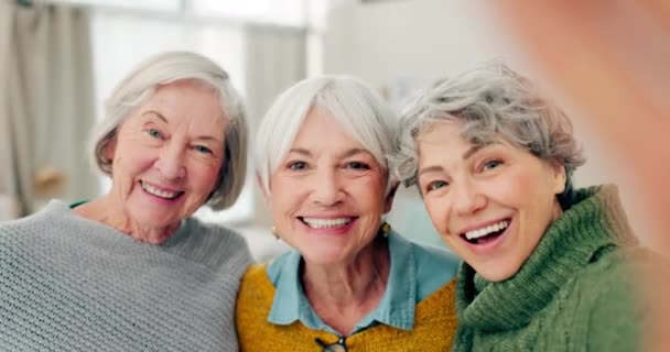 Szelfi, vidám és idősebb női barátok boldog otthon egy látogatás során nyugdíjba vonulás együtt. Portré, mosoly és a közösségi média profil kép egy csoport idős emberek egy házban a kötődés. - Felvétel, videó