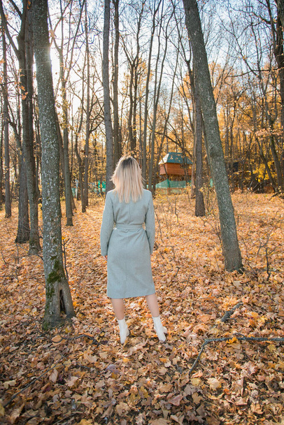 Blonde woman in elegant gray coat walks in the sunny autumn season park. Generation z and gen z youth concept - Photo, Image