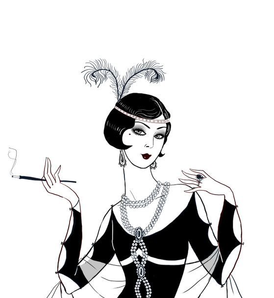 Flapper menina: Retro festa convite design.Art deco mulheres com cigarro
 - Foto, Imagem