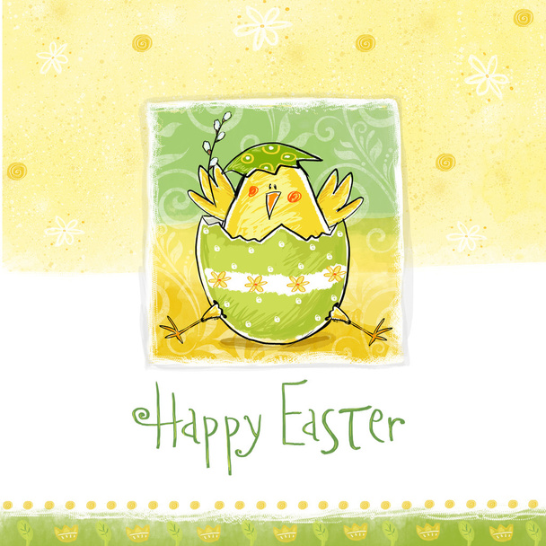 Šťastné Velikonoce přání. Roztomilý kuřecí s textem ve stylových barvách. Koncept na jaře kreslený svátečními pozdravy. Blahopřání s Velikonocemi - Fotografie, Obrázek