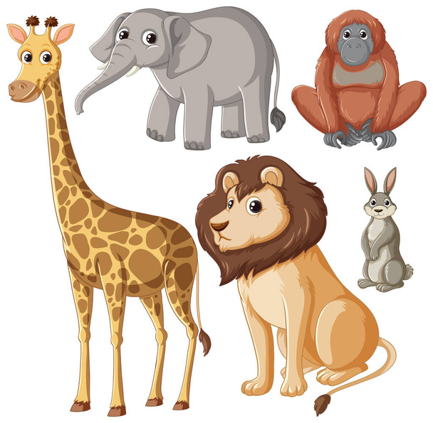 Eine lebhafte Gruppe wilder Tiere in einer Zeichentrickillustration - Vektor, Bild