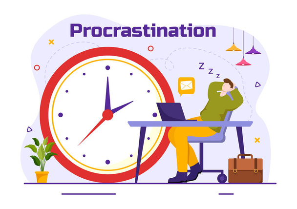 Procrastination Vector Ilustração com Procrastinating Preguiçoso Empresário Empregados trabalho de trabalhador de escritório em Flat Business Cartoon Background - Vetor, Imagem