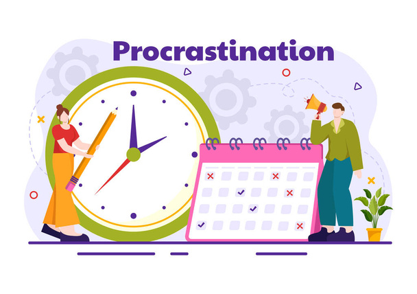 Procrastination Vector Illustration mit Procrastinating Faul Businessman Mitarbeiter arbeiten von Büroangestellten im flachen Business Cartoon Hintergrund - Vektor, Bild