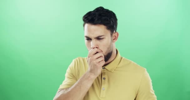 Green screen, man and cough for sore throat, cold and flu or illness, sick and lung cancer or pneumonia. Male person, pain and infection or virus, disease and bacteria or allergies, health and fever. - Footage, Video