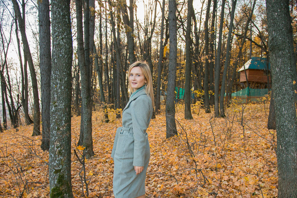 Blonďatá žena v elegantním šedém kabátě se prochází v slunečném podzimním parku. Generace z a gen z mládež koncept - Fotografie, Obrázek