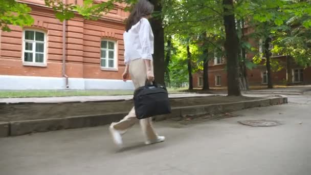 Attractive businesswoman stepping through city street. Confident young girl going along urban district after her work day in office. Stylish lady with briefcase walking outdoor. Side view Slow motion. - Πλάνα, βίντεο