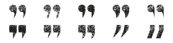 Quote Mark Grunge Texture Icon Set. Black Double Comma, Speech Punctuation Dirty Symbols. Quotation Grimy Sign Collection. Dialogue Or Conversation Concept. Isolated Vector Illustration. - Vector, Image
