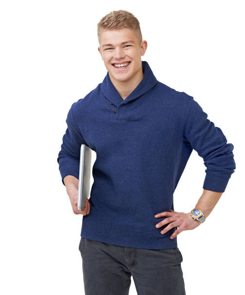 Smile, laptop and portrait of man in a studio with positive, good and confident attitude for studying. Happy, technology and young male university student with computer isolated by white background - Foto, imagen