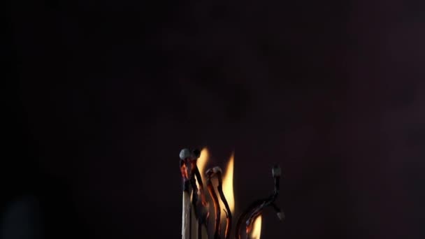 een rij brandende lucifers overspoeld in vlammen op een donkere achtergrond - Video