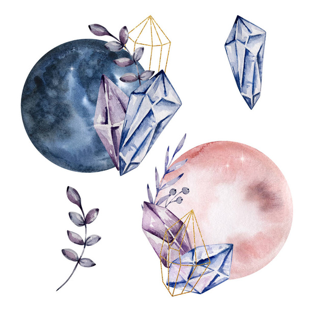 Φεγγάρια ακουαρέλα με κρύσταλλο και λουλούδια, μυστικιστικό - Φωτογραφία, εικόνα