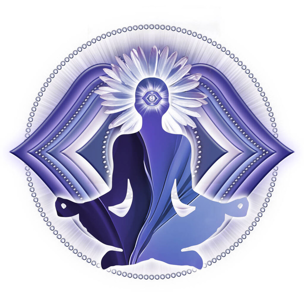 Meditação do terceiro olho na pose do lótus do ioga, na frente do símbolo do chakra de Ajna. Decoração pacífica para meditação e cura de energia chakra. - Foto, Imagem