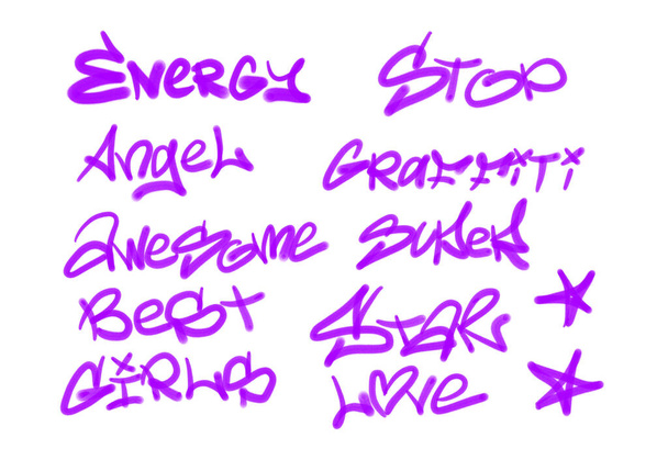 Colección de etiquetas de graffiti street art con palabras y símbolos en color violeta sobre fondo blanco - Foto, Imagen