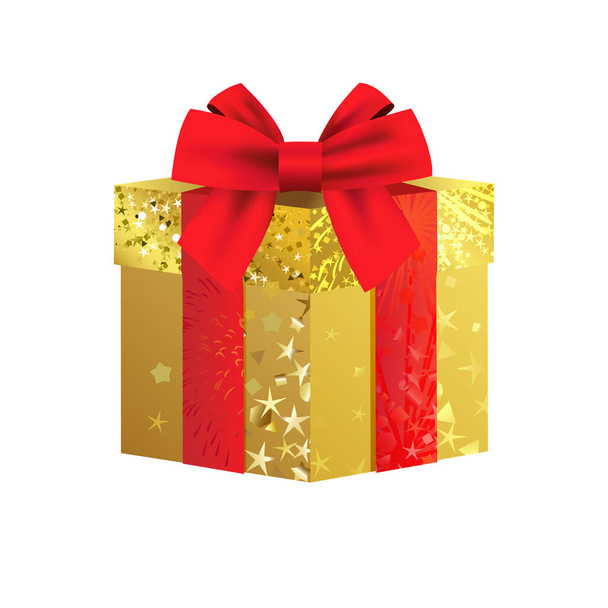 Creative shiny gift box with red bow. 3D design. Holiday decoration. Greeting card concept. Shopping coupon template. Isolated golden graphic. Glittering gold background. Multi-loop bow-knot. - Vector, Image