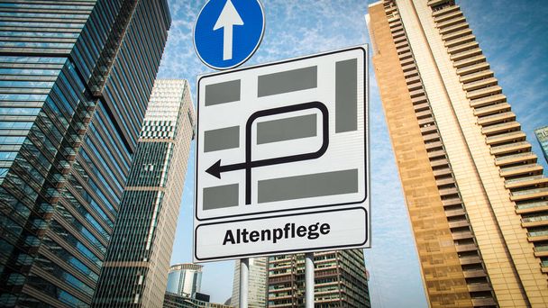 Obraz pokazujący drogowskaz i znak wskazujący w kierunku opieki geriatrycznej w języku niemieckim. - Zdjęcie, obraz