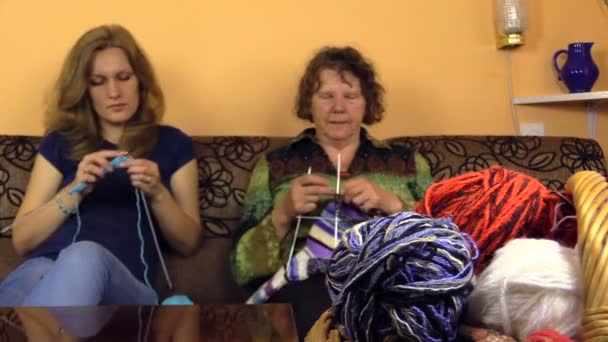 alte Oma und junge Enkelin reden und stricken - Filmmaterial, Video